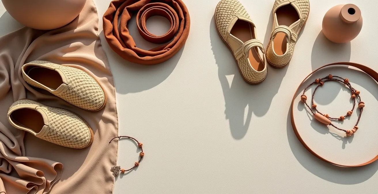 Composición minimalista de accesorios de moda artesanal española