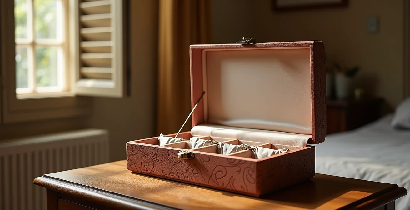 Joyero con compartimentos y joyas de plata correctamente organizadas