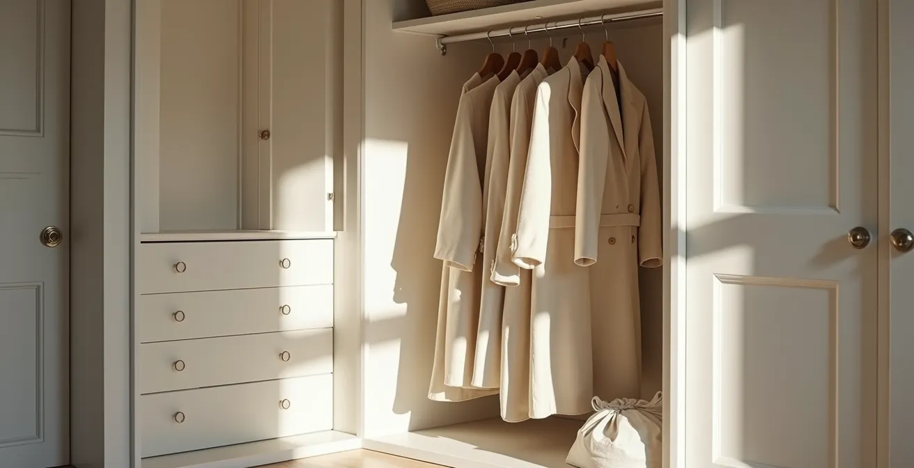 Interior de un armario ordenado con trajes guardados en fundas de algodón transpirables de color neutro.