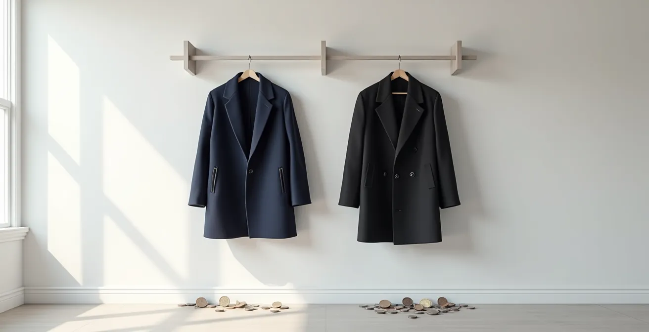 Visualización del concepto de coste por uso comparando dos abrigos de diferente calidad