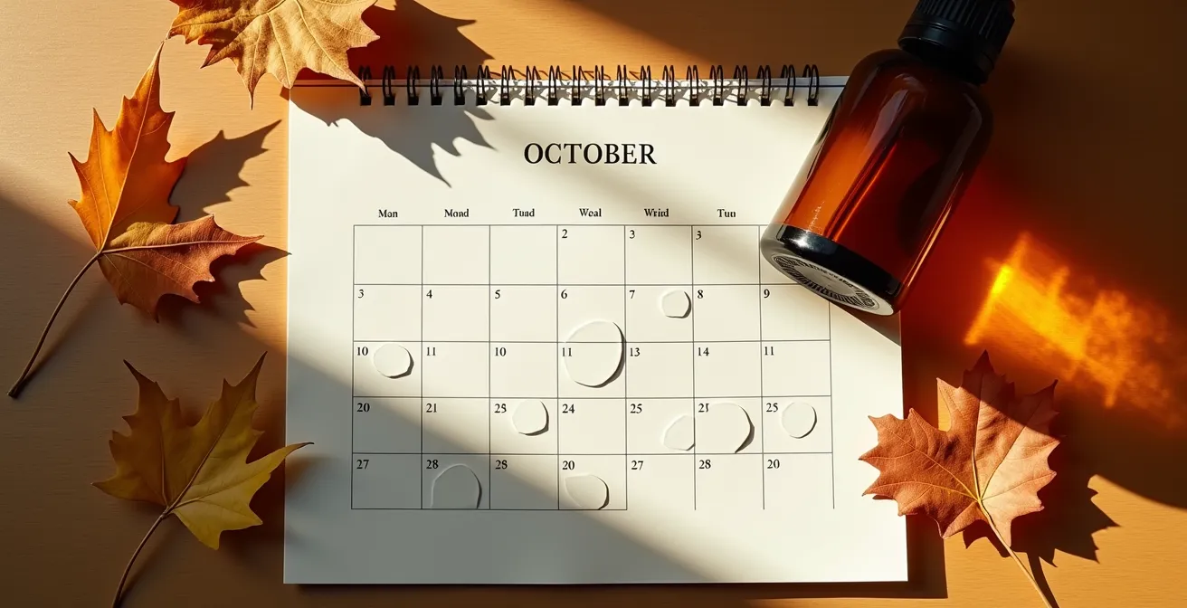 Calendario de otoño sobre mesa de madera con hojas secas y frasco ámbar de sérum