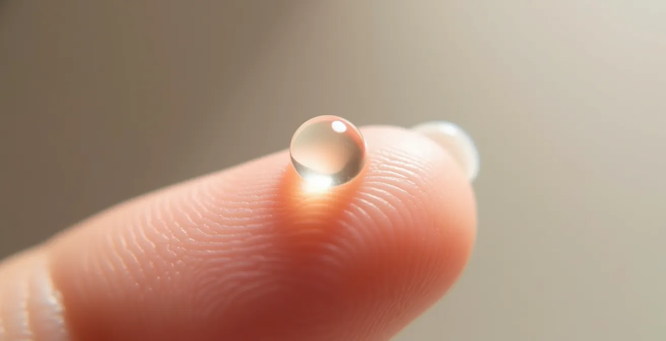 Macro de una gota de sérum de retinol del tamaño de un guisante sobre la yema del dedo