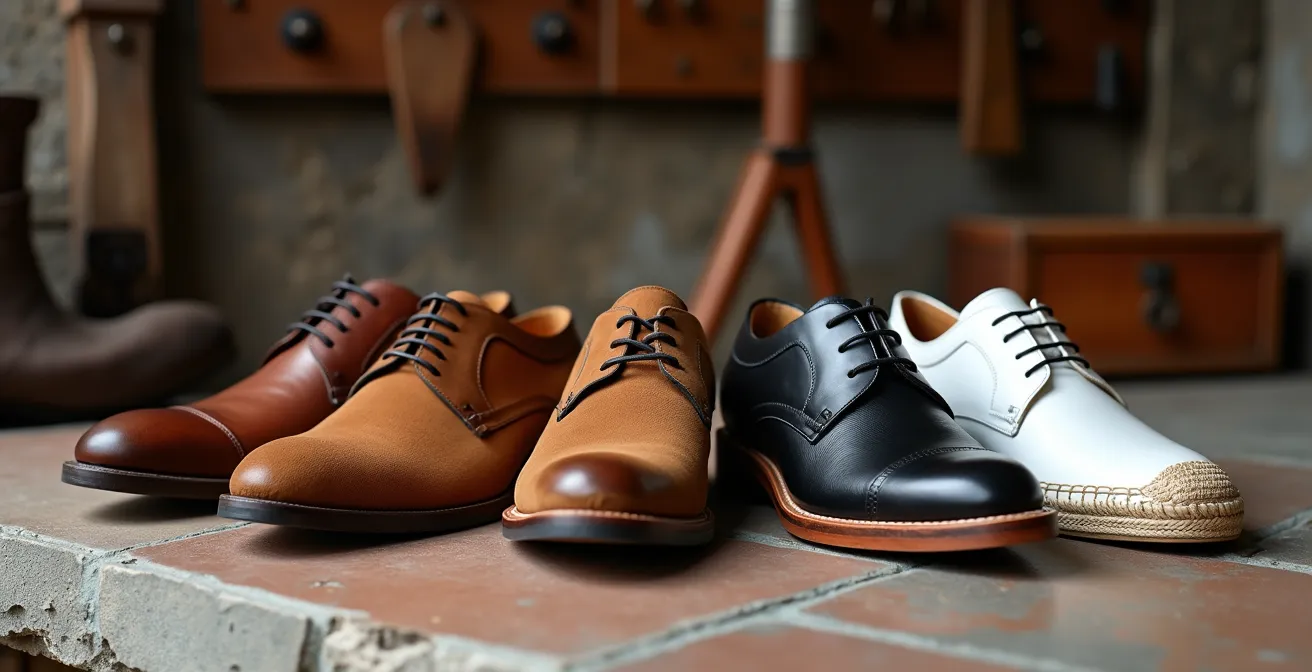 Cinco estilos de zapatos masculinos de calidad artesanal española dispuestos elegantemente