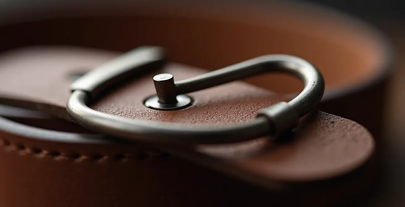 Detalle macro de cinturón de cuero abrochado en el agujero central