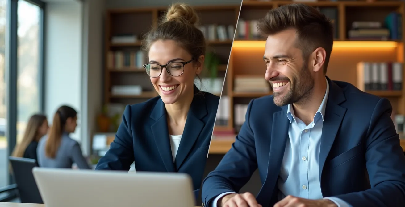 Comparación visual entre imagen digital profesional y presencia física en oficina que muestra la coherencia de estilo.