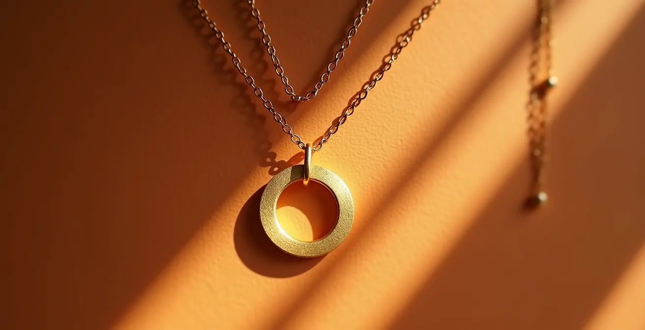 Detalle de colgante circular kármico como pieza central en combinación de tres collares