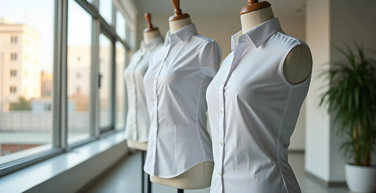 Comparación visual de diferentes cortes de camisa en ambiente de oficina