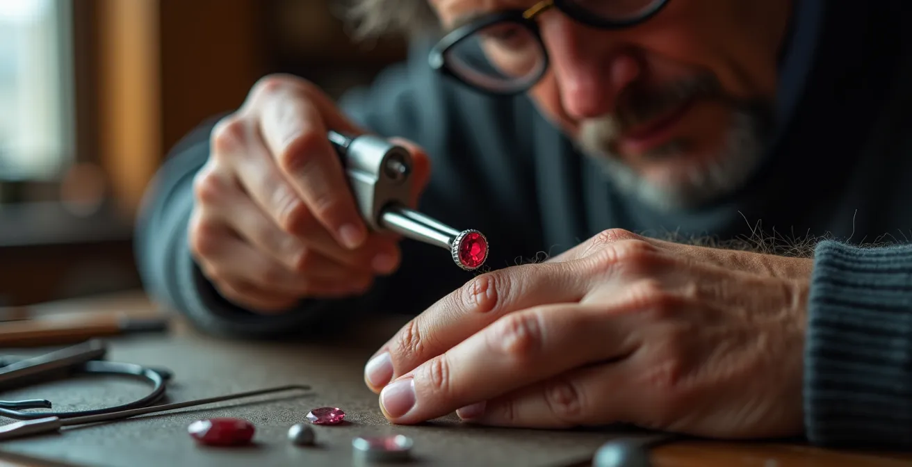 Manos expertas examinando un rubí con una lupa profesional de joyero, símbolo de la necesaria diligencia debida.