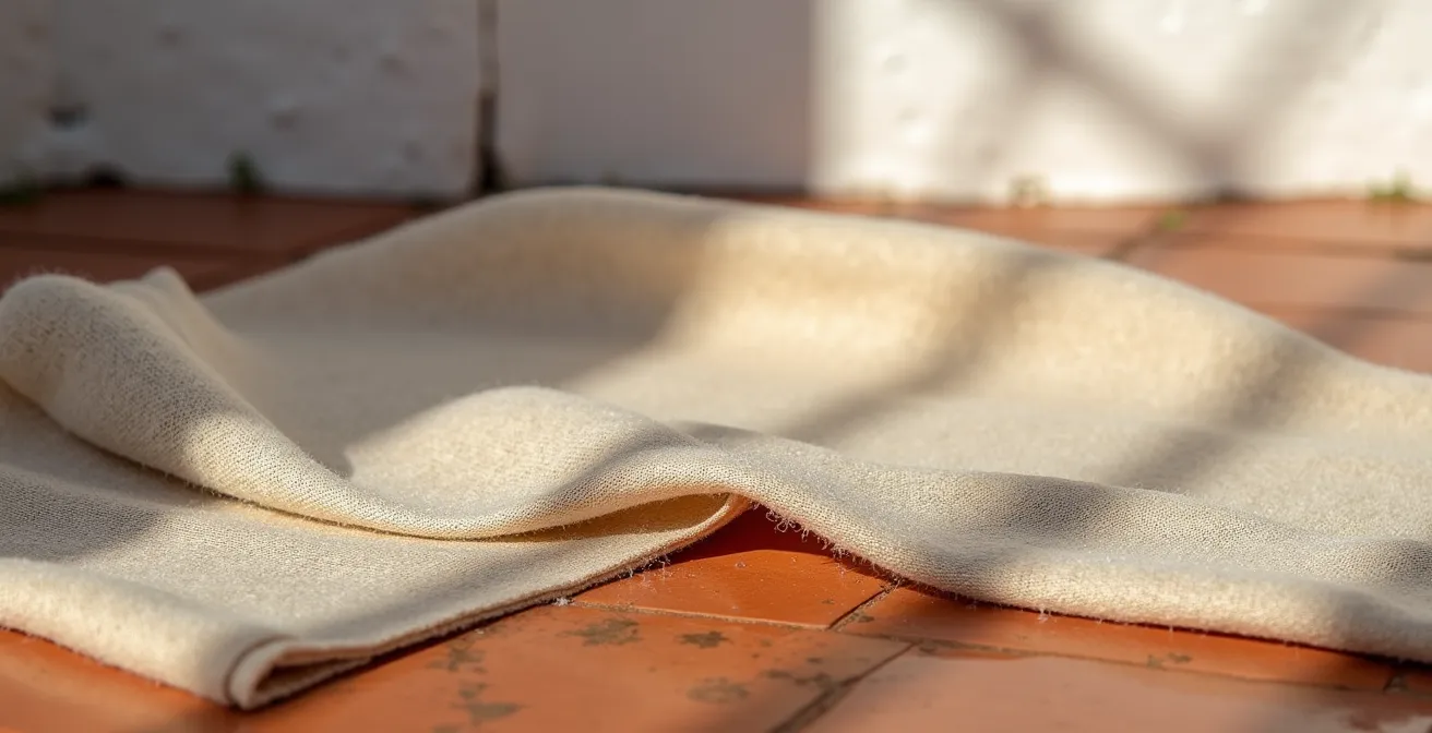 Muestras de tejido de lana fría y lino bajo luz natural mediterránea