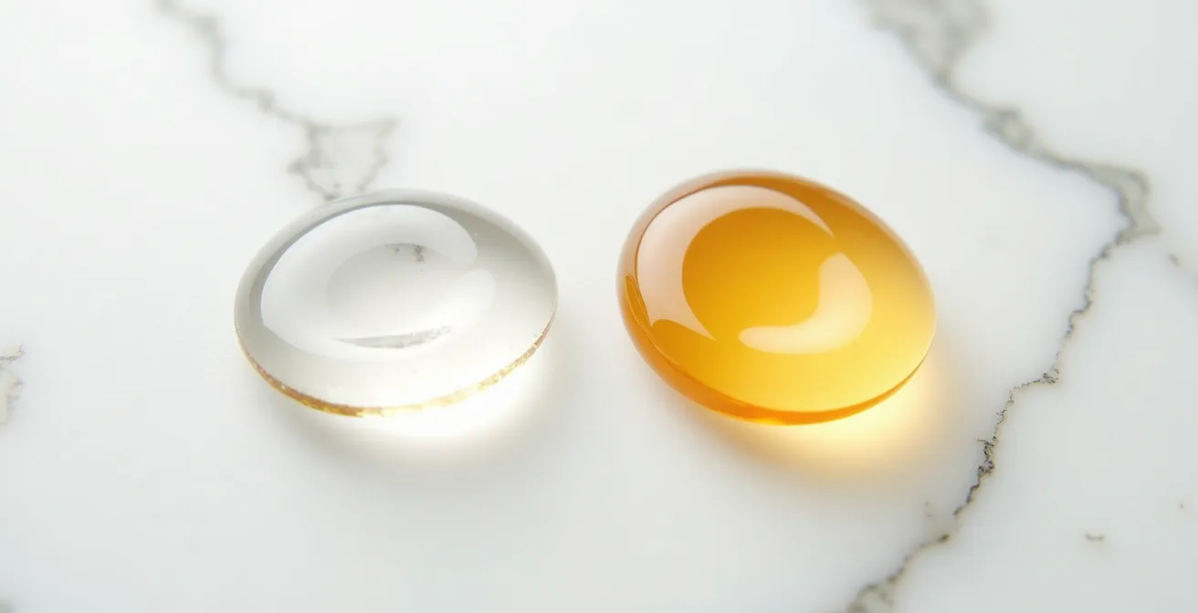Dos gotas de sérum sobre superficie de mármol mostrando diferentes viscosidades y brillos