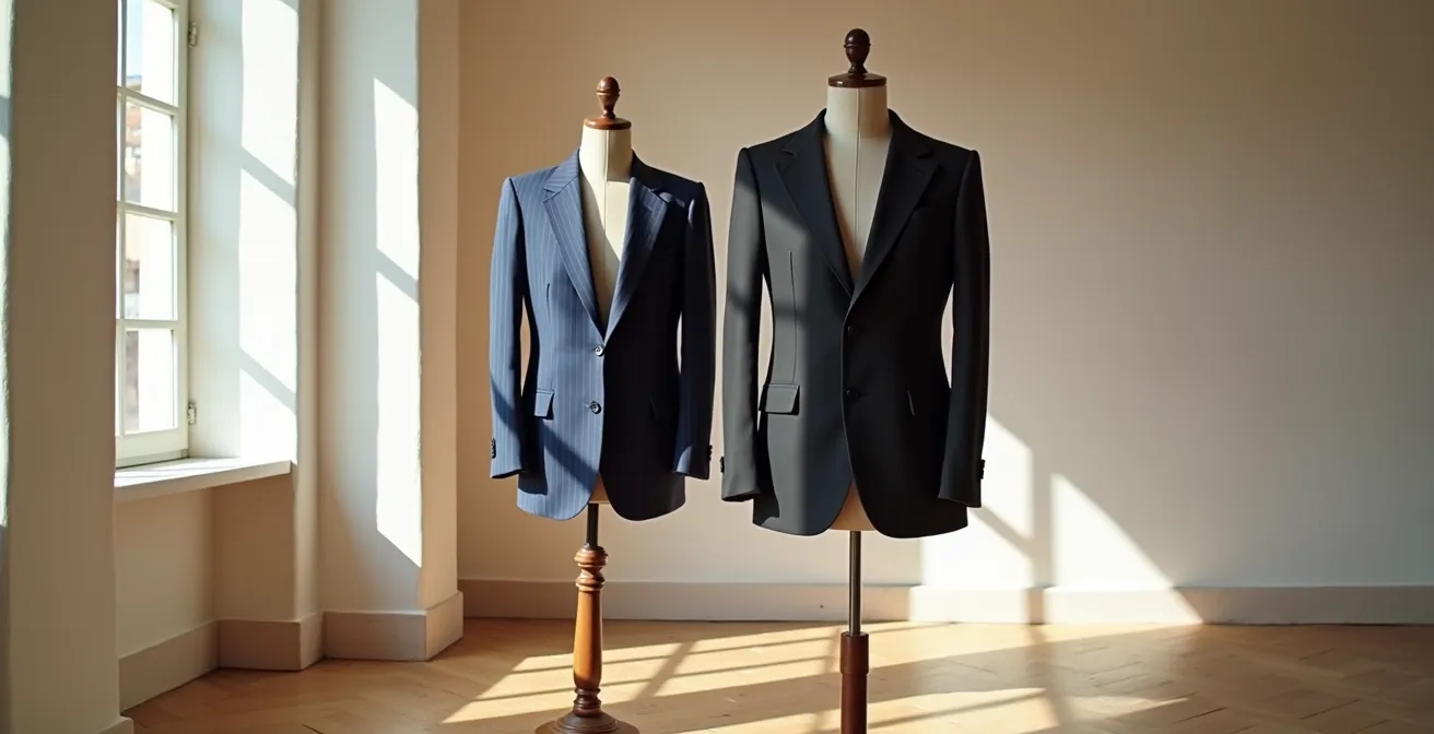 Dos trajes masculinos, azul marino y negro, bajo diferentes condiciones de iluminación mediterránea
