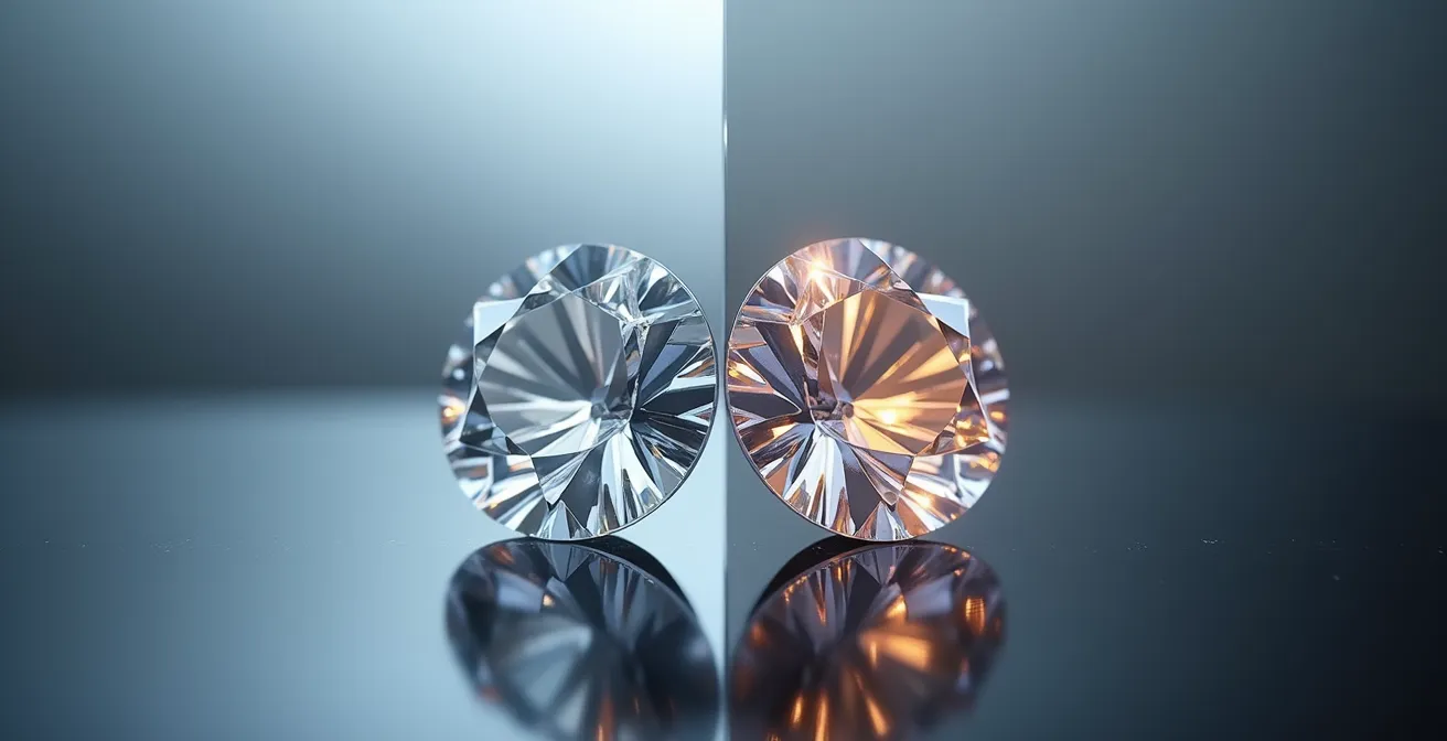 Comparación lado a lado de zafiro blanco y diamante mostrando diferencias en brillo y dispersión de luz