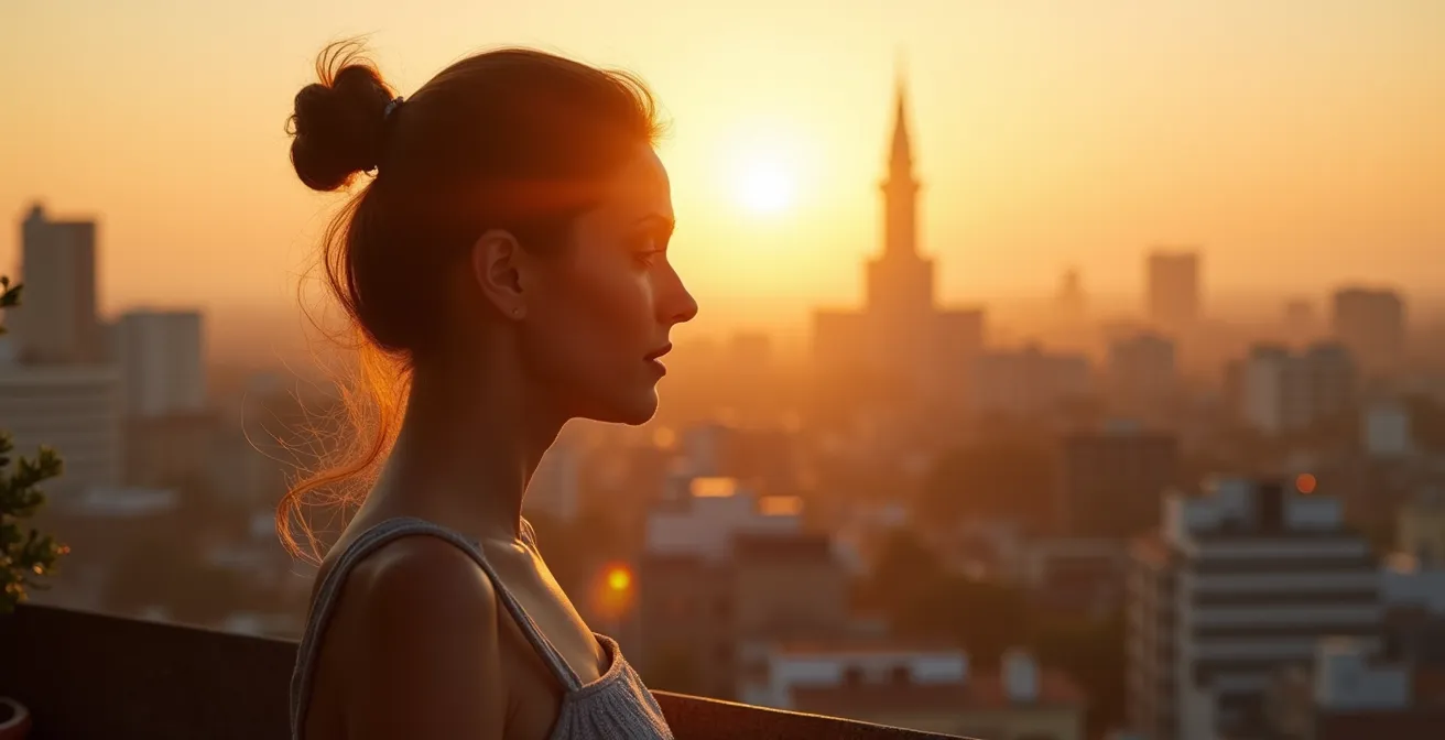 Silueta de una persona con piel luminosa contra el horizonte de Madrid con neblina, simbolizando la protección contra la contaminación.