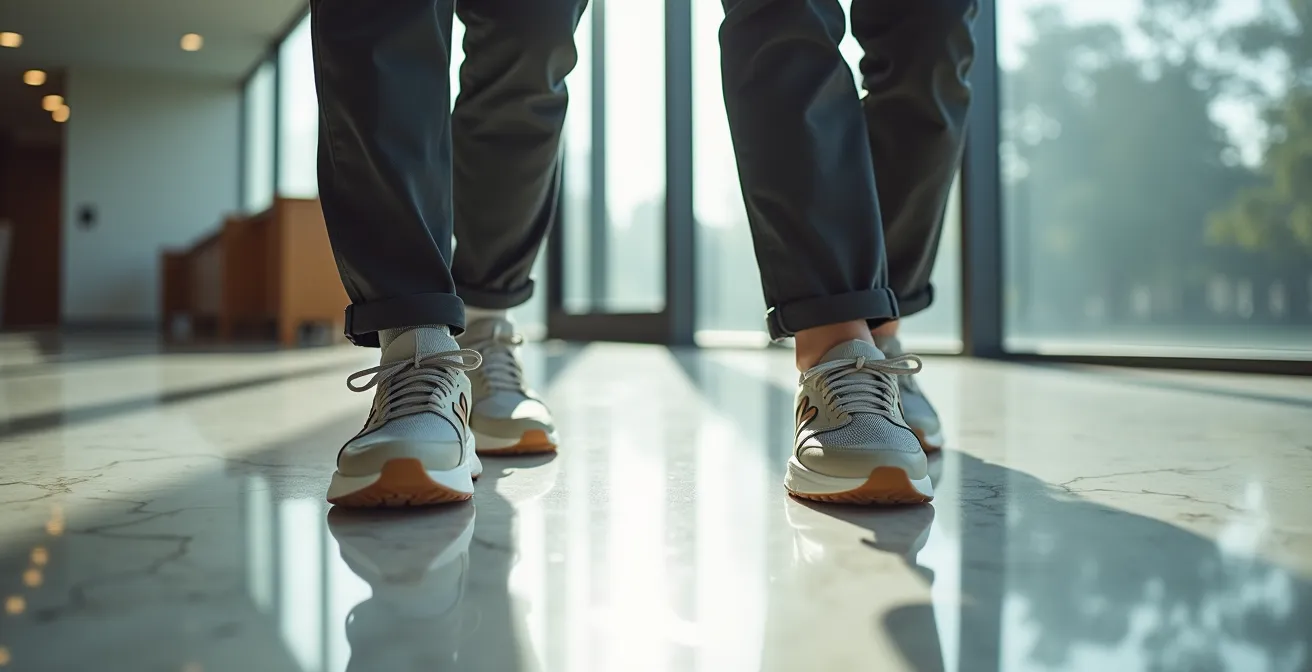 Comparación visual entre zapatillas running técnicas y zapatillas minimalistas con atuendo profesional