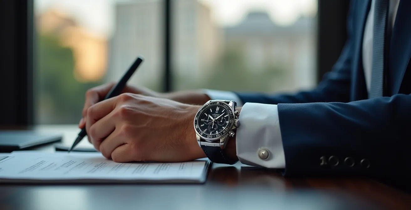 Muñeca de ejecutivo con cronógrafo elegante bajo manga de camisa blanca