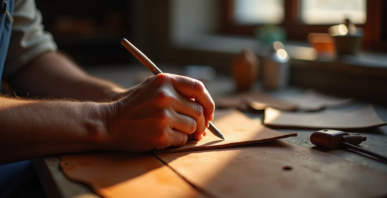 Detalle macro de arañazo en cuero con herramientas de reparación artesanales