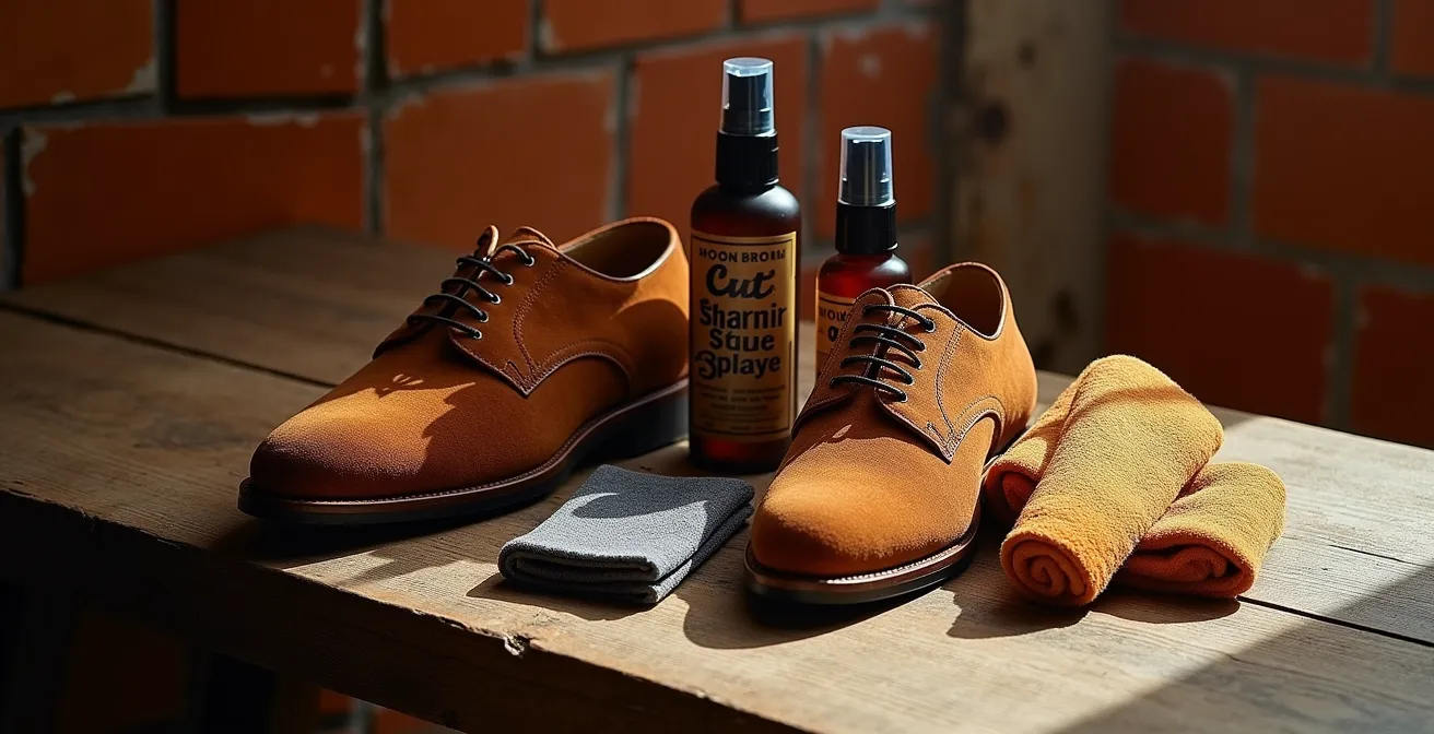 Herramientas y productos para el cuidado del calzado de ante dispuestos elegantemente