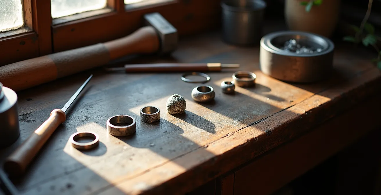 Proceso de diseño evolutivo de un anillo artesanal mostrando diferentes etapas
