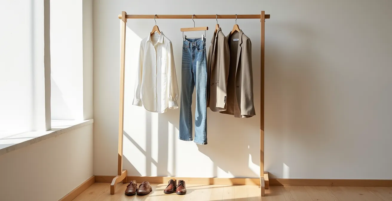 Vista minimalista de prendas básicas esenciales organizadas