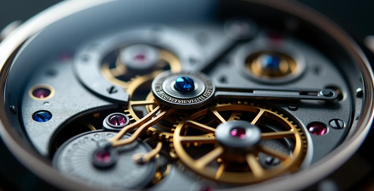 Vista macro del mecanismo de un reloj a través del fondo de cristal de zafiro