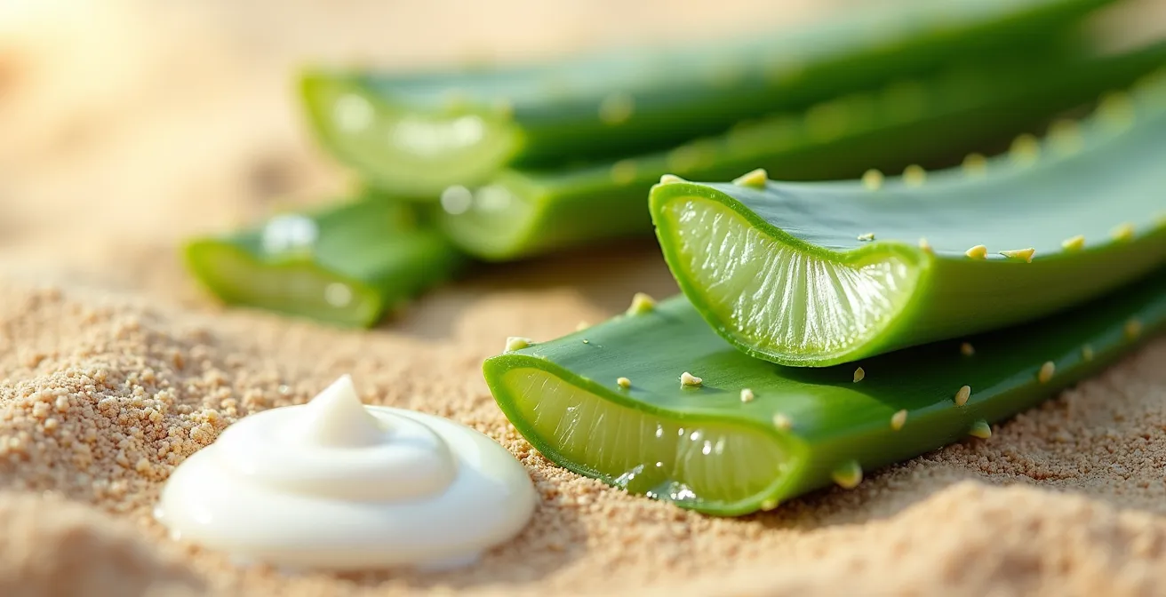 Hojas de aloe vera cortadas mostrando gel transparente junto a textura de after-sun