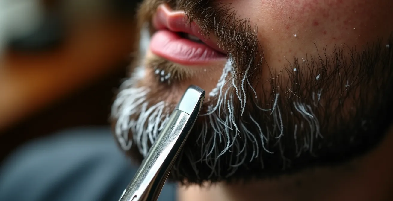 Detalle macro de afeitado tradicional con navaja en barbería española clásica