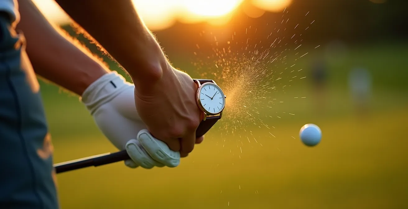 Mano de golfista en momento de swing mostrando las fuerzas sobre el reloj