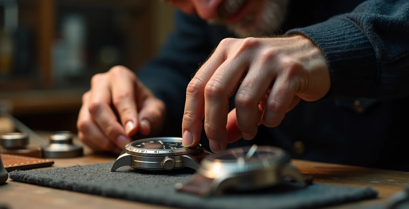 Manos de experto examinando un reloj de lujo con lupa de relojero