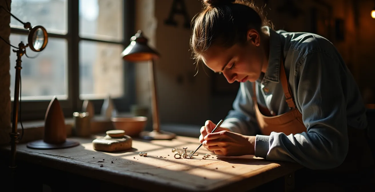 Artesano joyero realizando limpieza manual de esmeralda en taller tradicional