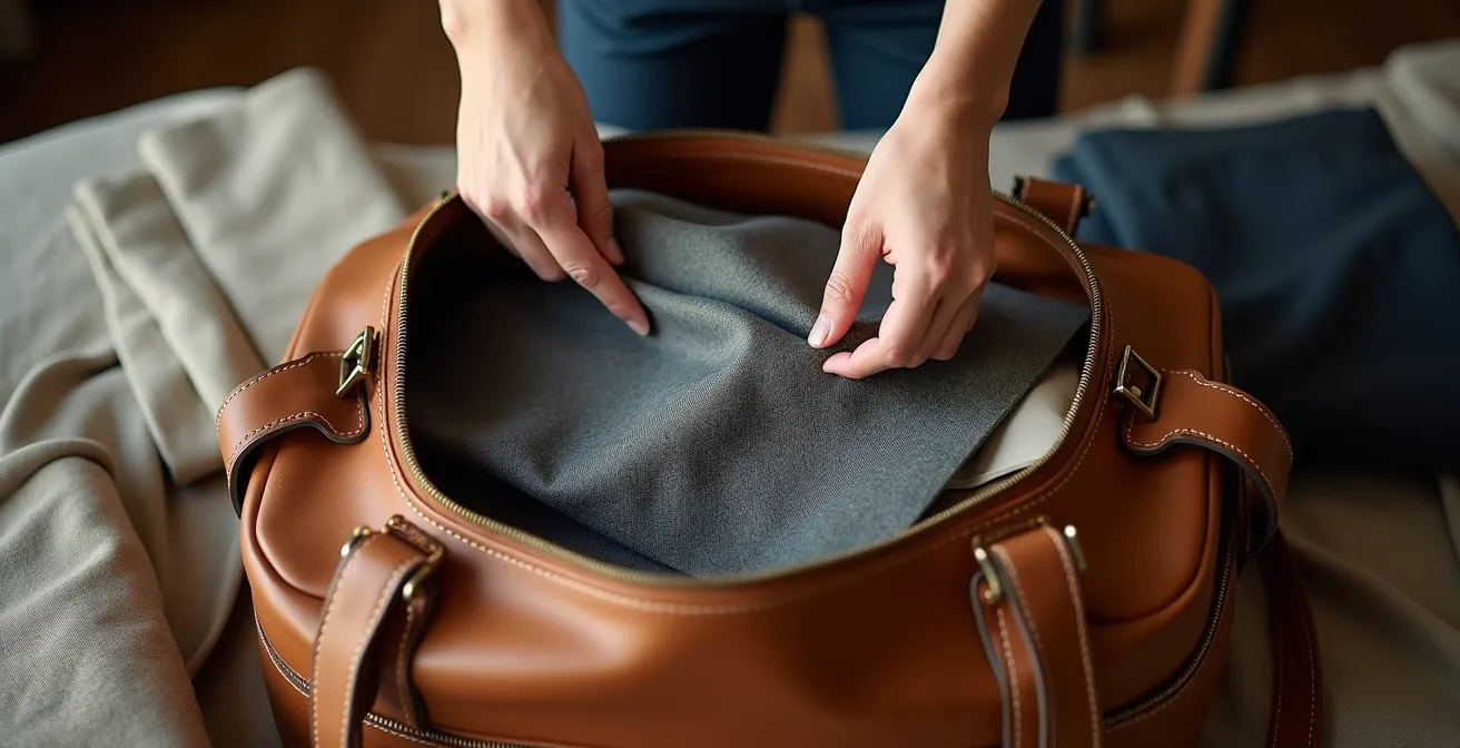 Maleta abierta con prendas de trabajo versátiles y organizadas para viaje de negocios