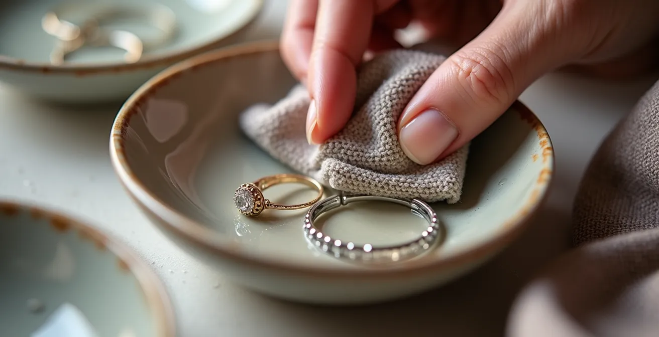 Método casero de limpieza de joyas de plata y bisutería dorada con un paño suave y agua jabonosa.