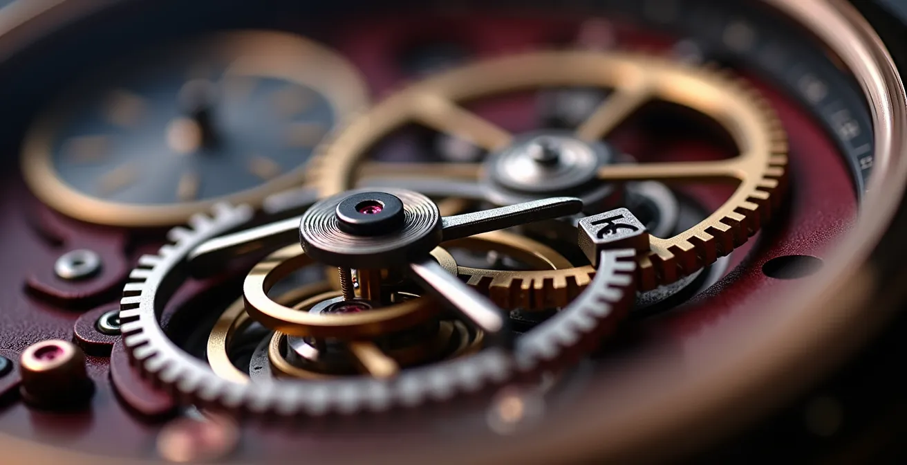 Vista macro de un tourbillon girando en su jaula dentro de un reloj de lujo