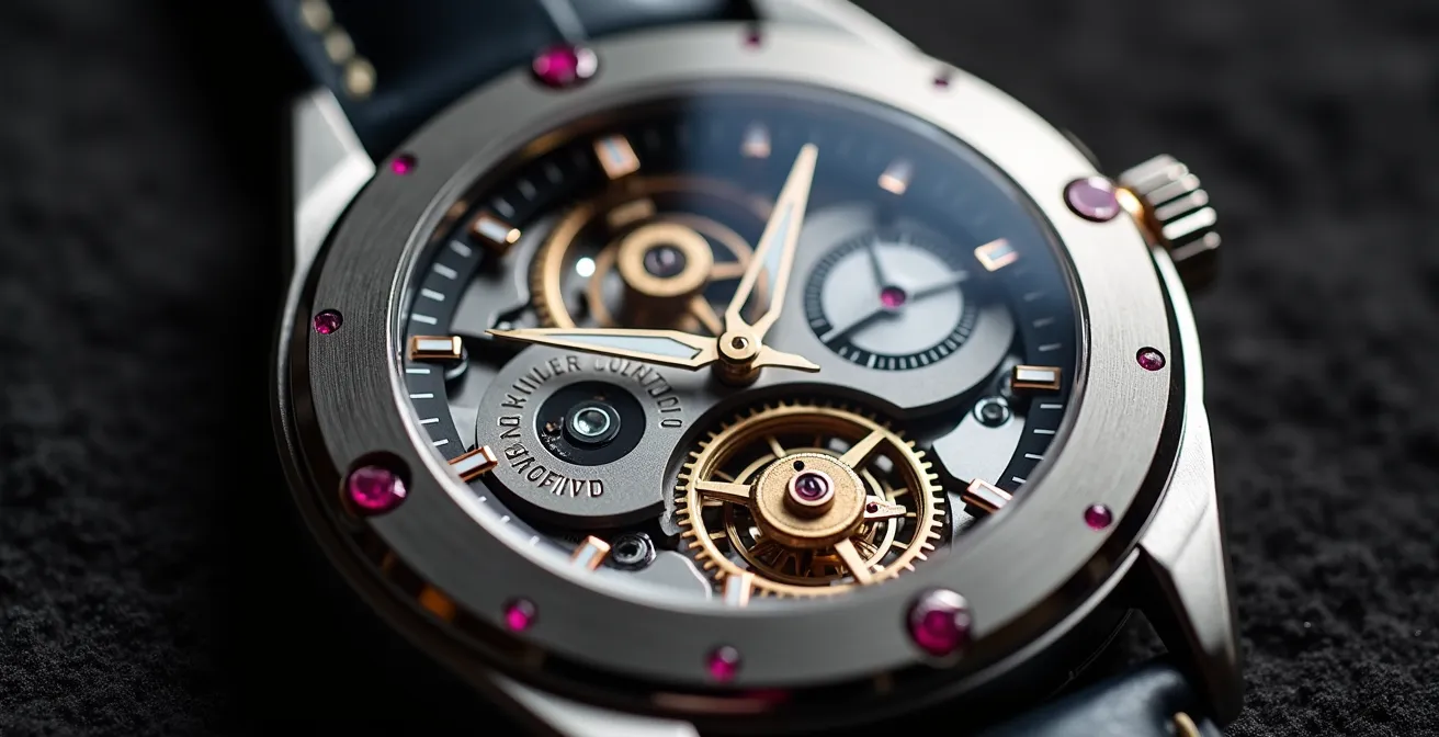 Detalle macro del movimiento automático de un reloj con el rotor visible