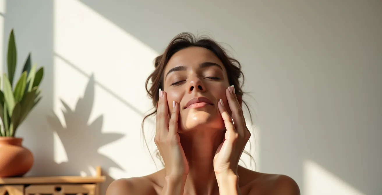 Mujer española realizando ejercicio de yoga facial para relajar la mandíbula en ambiente minimalista