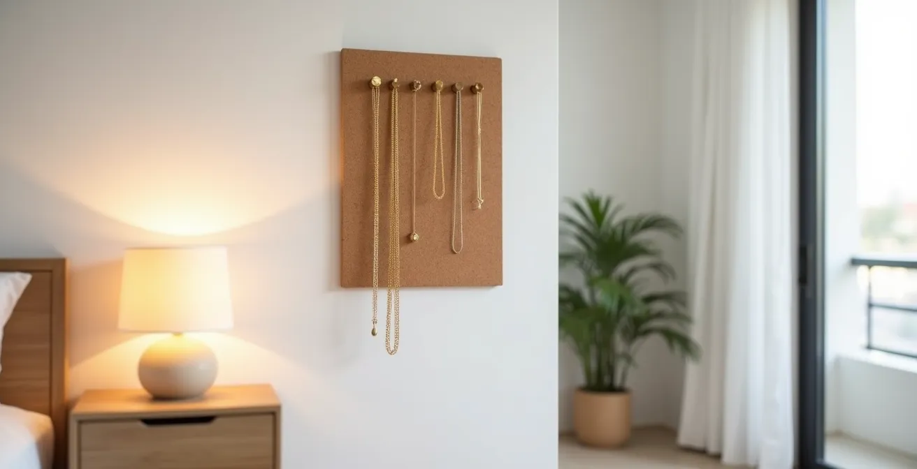 Organizador de corcho para collares con cadenas colgando sin enredos