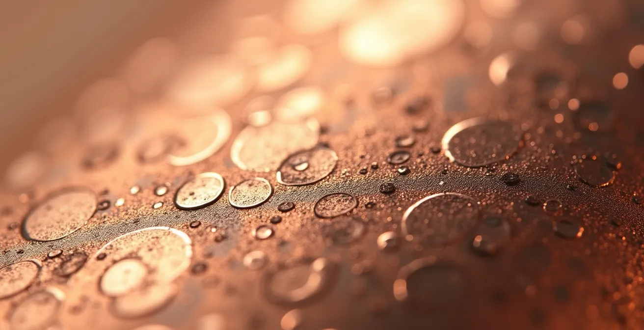 Detalle macro de superficie de oro rosa mostrando texturas y pátina natural