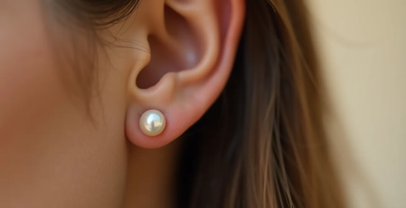 Detalle macro de pendientes de perlas pequeñas estilo dormilona para entrevista profesional