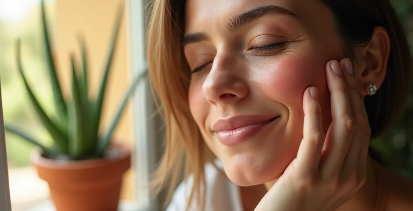 Retrato cercano de una persona con ligera rojez en las mejillas, con una expresión de aceptación y cuidado, bajo una luz suave mediterránea.