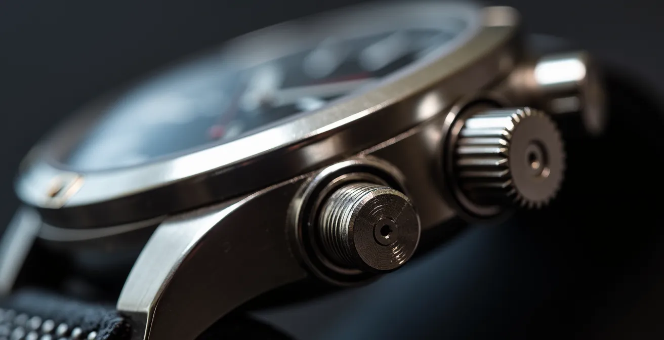 Detalle macro de pulsadores a rosca de un cronógrafo de lujo en acero