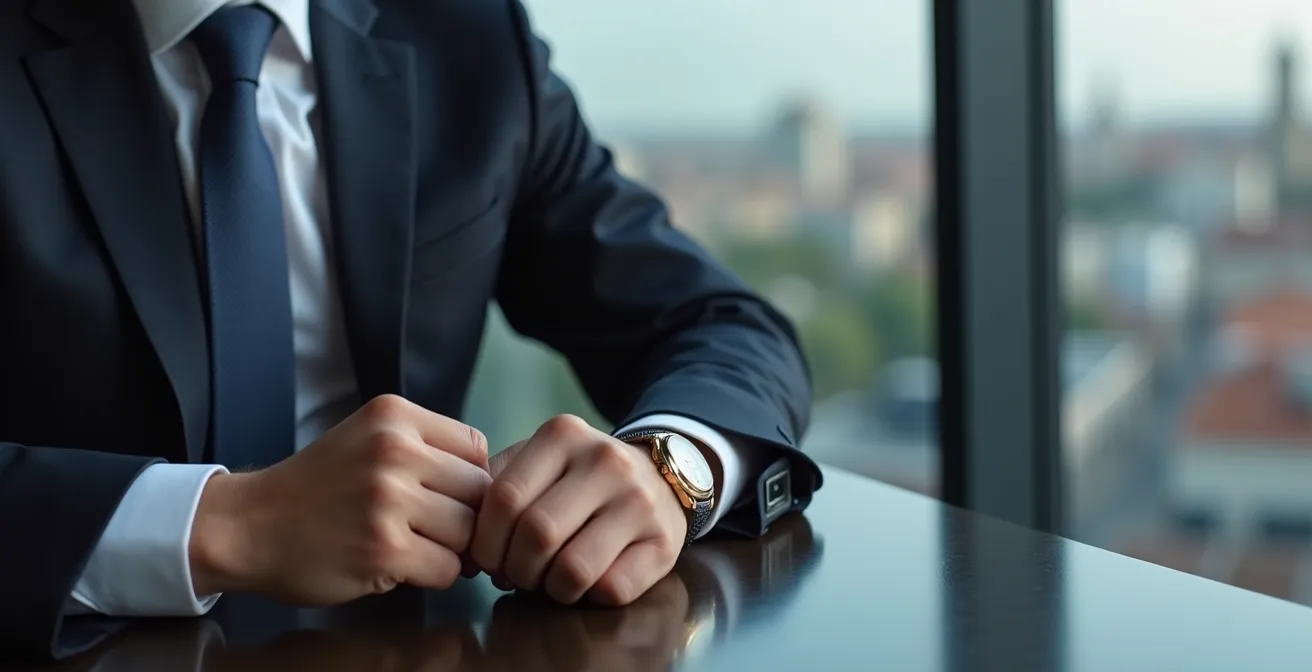 Escena ejecutiva en Madrid mostrando sutilmente la importancia del reloj en el mundo de negocios