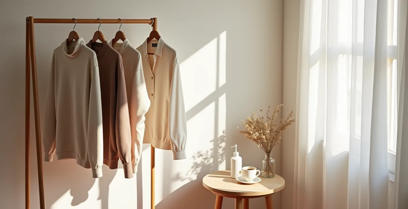 Espacio de preparación matutina con ropa elegante lista para vestirse rápidamente