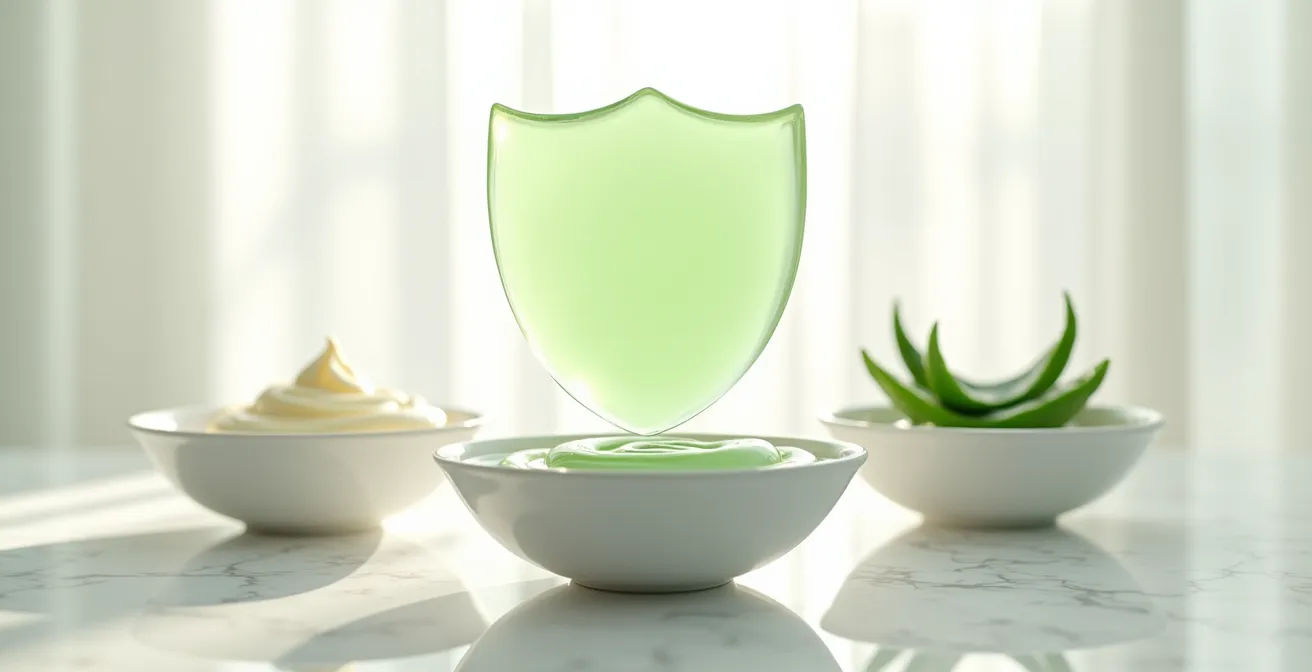 Productos de cuidado reparador con texturas cremosas en ambiente minimalista