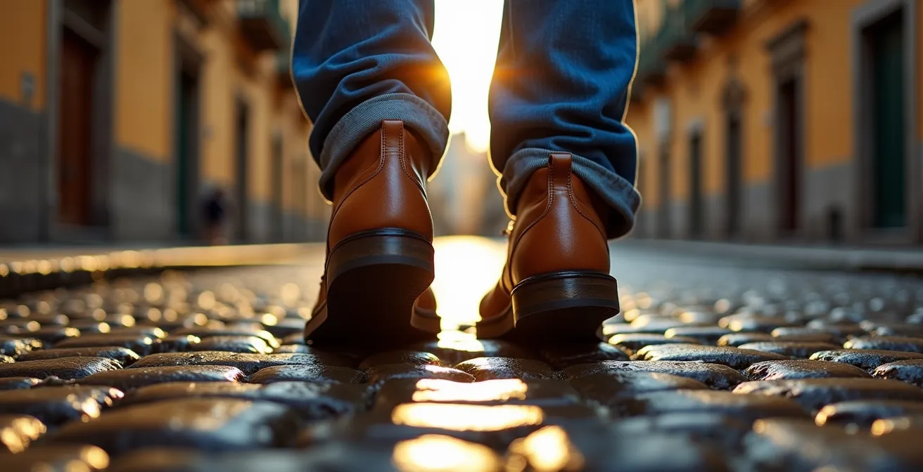 Comparación de suelas sobre empedrado histórico español bajo la lluvia