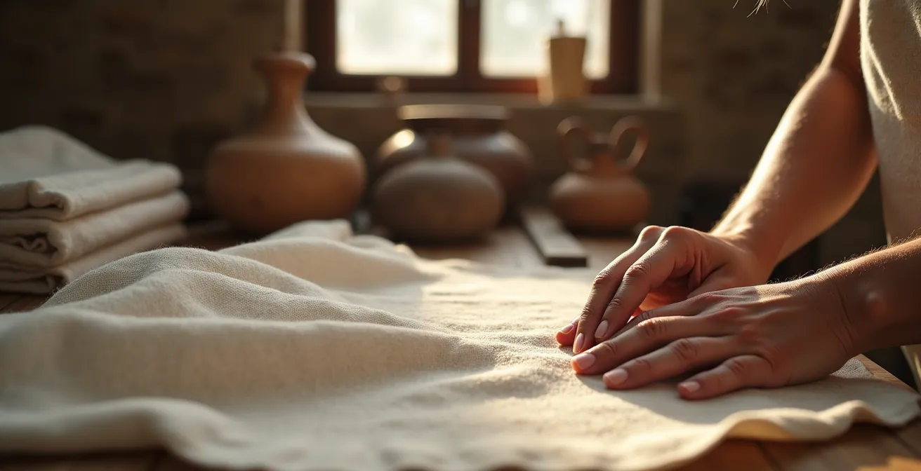 Detalle de manos artesanas trabajando tejidos naturales en taller español