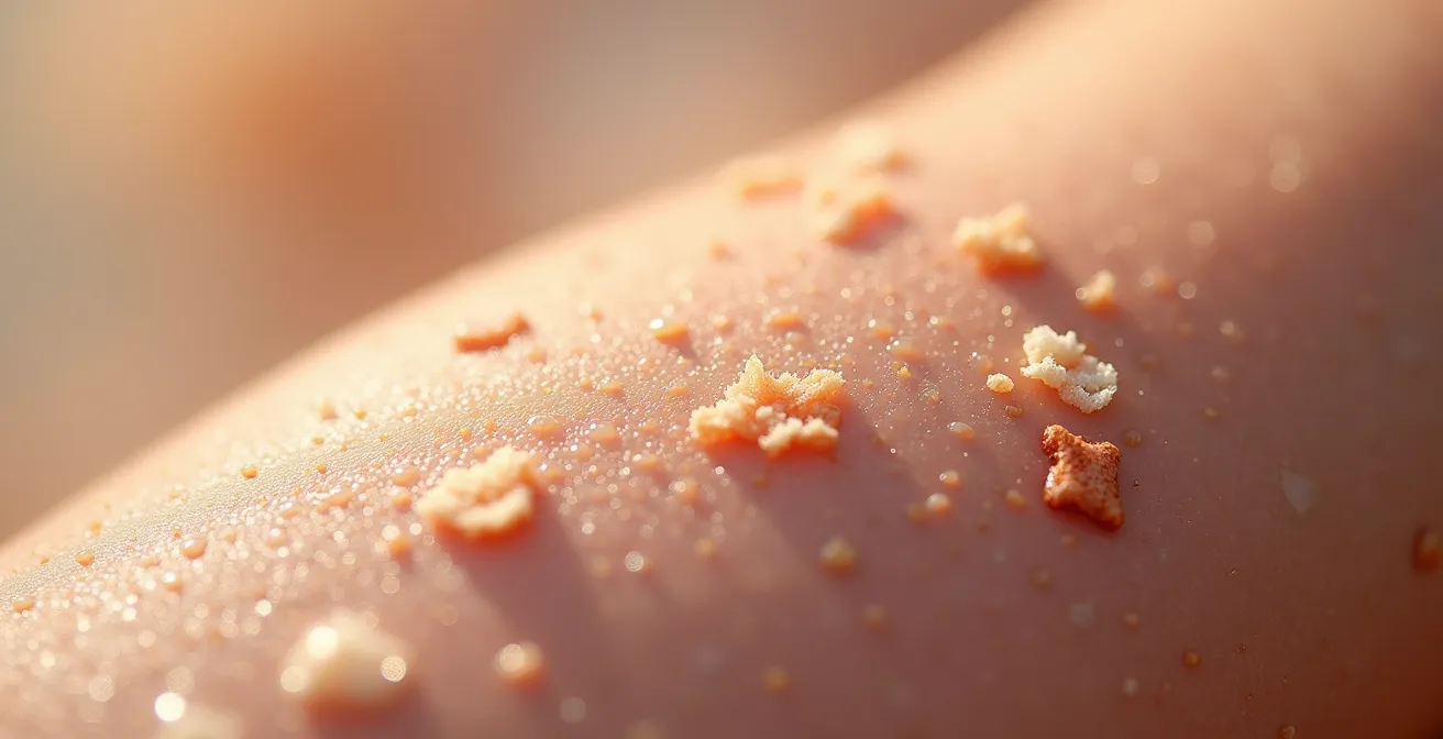 Detalle macro de textura de piel mostrando la transición de una zona seca y escamosa a una zona hidratada y suave gracias al tratamiento