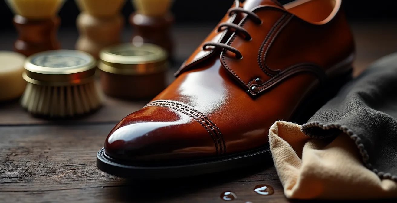 Zapatos de piel con acabado de brillo espejo y productos de cuidado sobre una superficie de madera oscura.