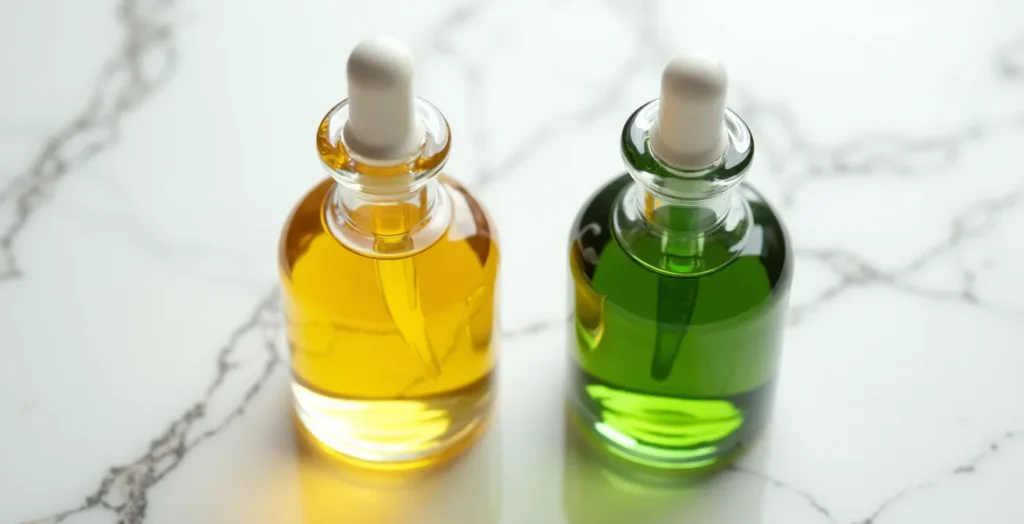 Comparación visual de aceite de rosa mosqueta y extracto de centella asiática sobre piel